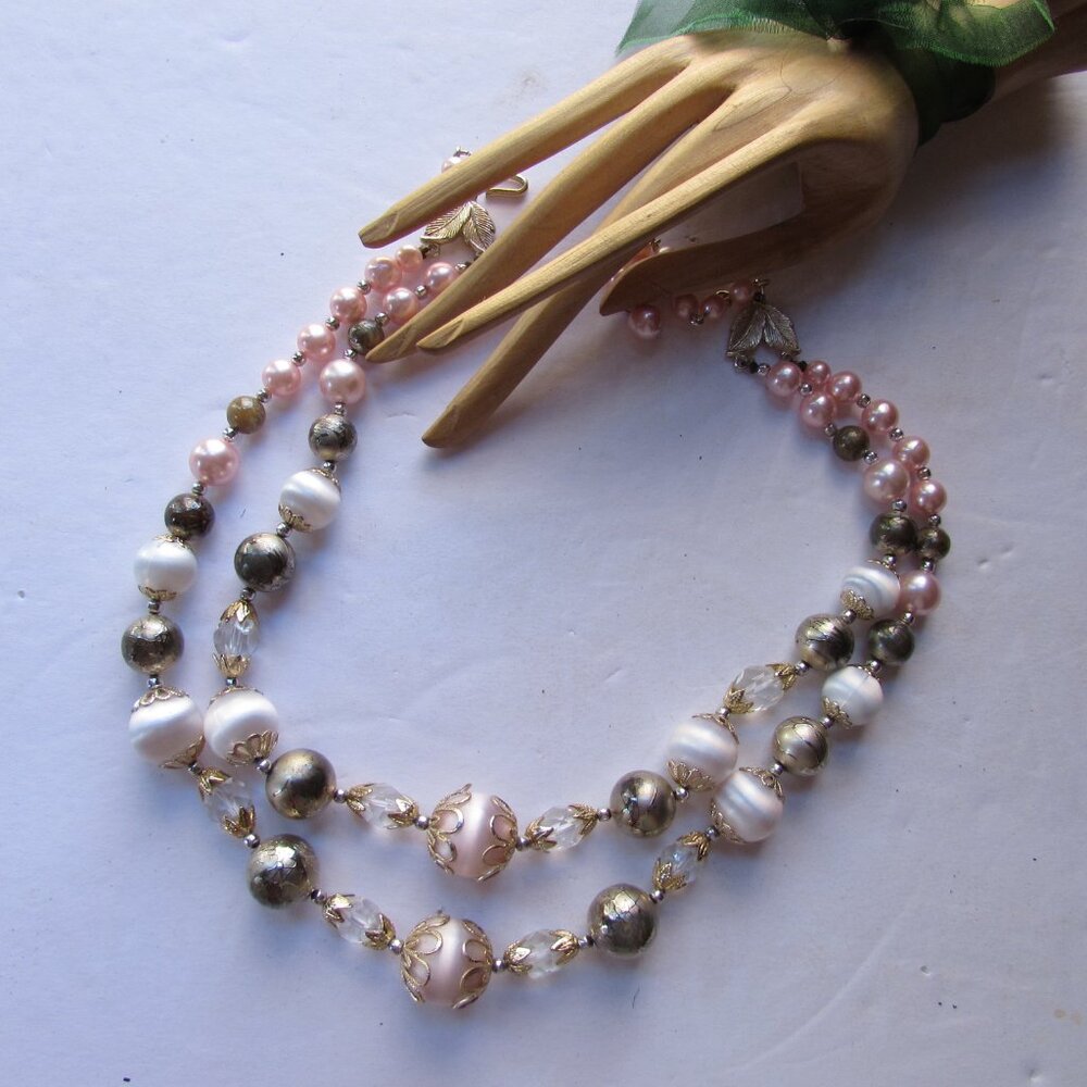 Vintage Double Strand Choker Necklace Pink & Silvery Gray Japan - Picture 3 of 7